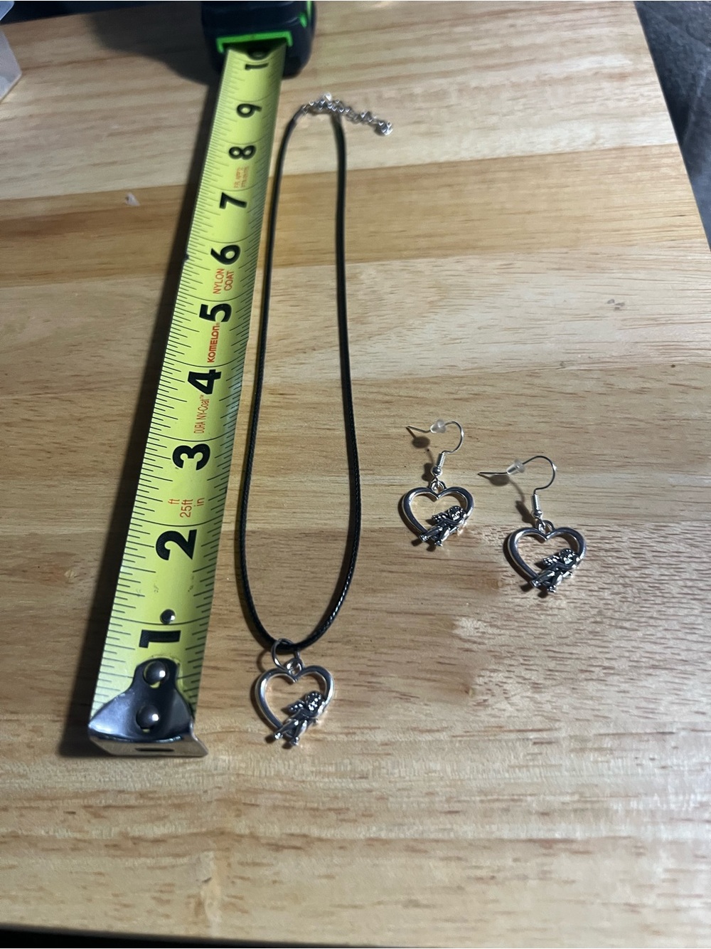 Silver Heart Pendant Necklace and Earrings Set in Black Cord D105